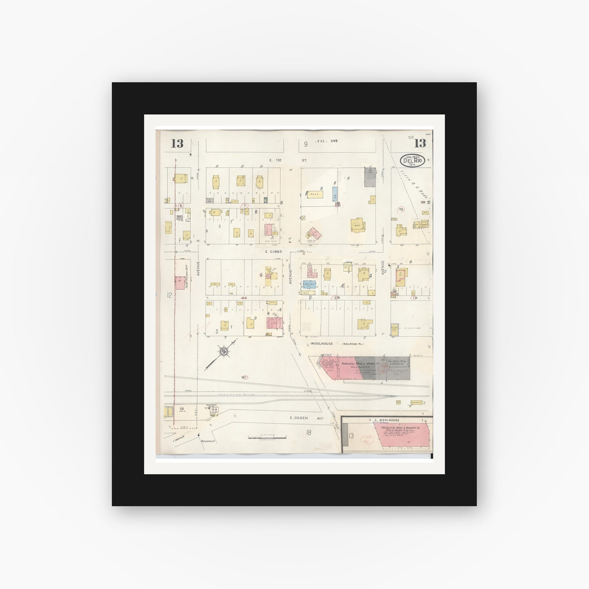 Old map wall art mockup — black gallery frame with white mat — Sanborn Fire Insurance Map from Del Rio, Val Verde County, Texas (1948), Sheet #0013
