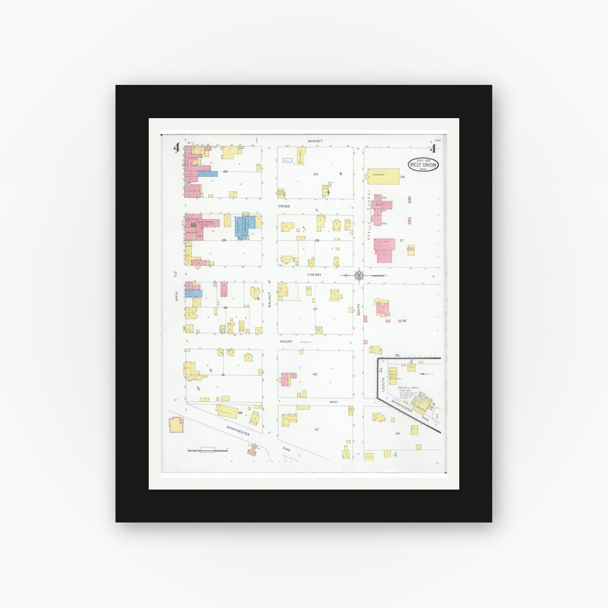Old map wall art mockup — black gallery frame with white mat — Sanborn Fire Insurance Map from West Union, Adams County, Ohio (1930), Sheet #0004