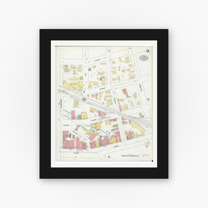 Old map wall art mockup — black gallery frame with white mat — Sanborn Fire Insurance Map from Jackson, Jackson County, Michigan (1899), Sheet #0009