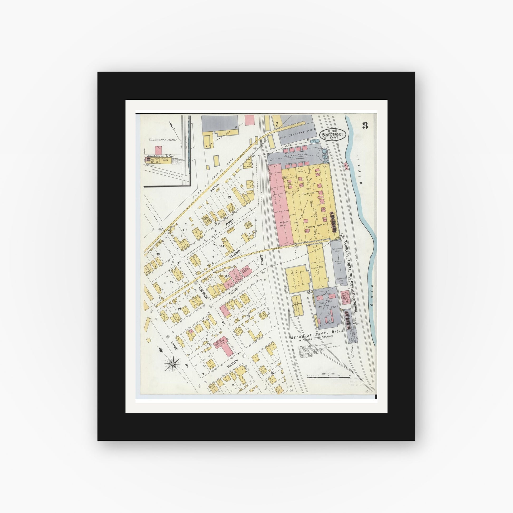 Old map wall art mockup — black gallery frame with white mat — Sanborn Fire Insurance Map from Bridgeport, Belmont County, Ohio (1903), Sheet #0003