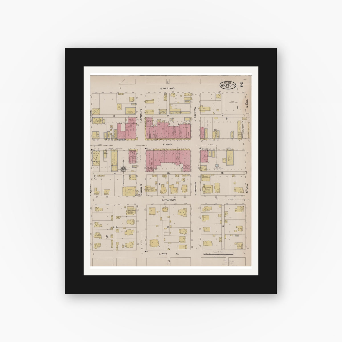 Old map wall art mockup — black gallery frame with white mat — Sanborn Fire Insurance Map from Wolfe City, Hunt County, Texas (1922), Sheet #0002