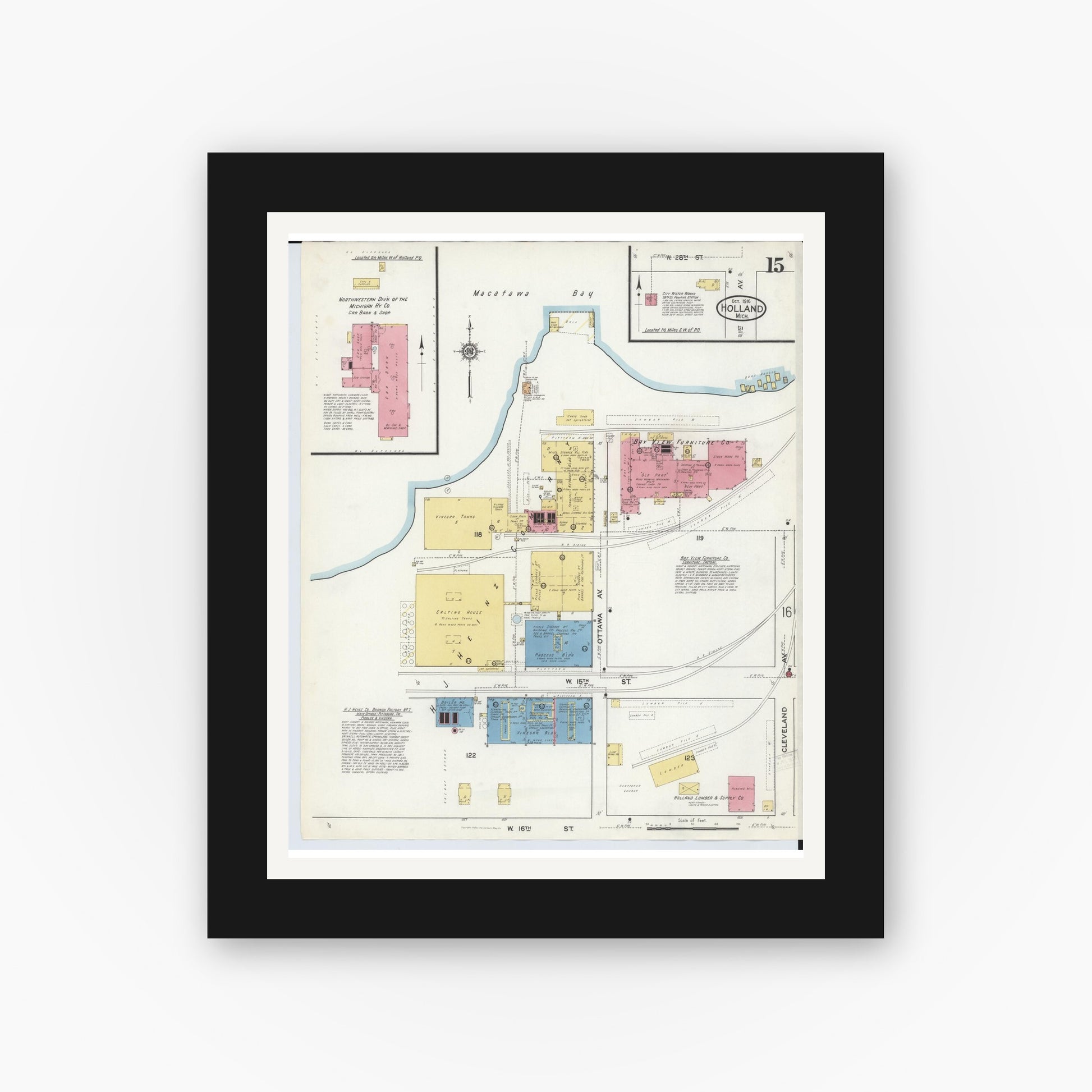 Old map wall art mockup — black gallery frame with white mat — Sanborn Fire Insurance Map from Holland, Ottawa County, Michigan (1916), Sheet #0015
