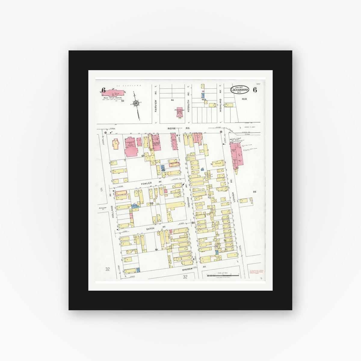 Old map wall art mockup — black gallery frame with white mat — Sanborn Fire Insurance Map from Lackawanna, Erie County, New York (1927), Sheet #0006