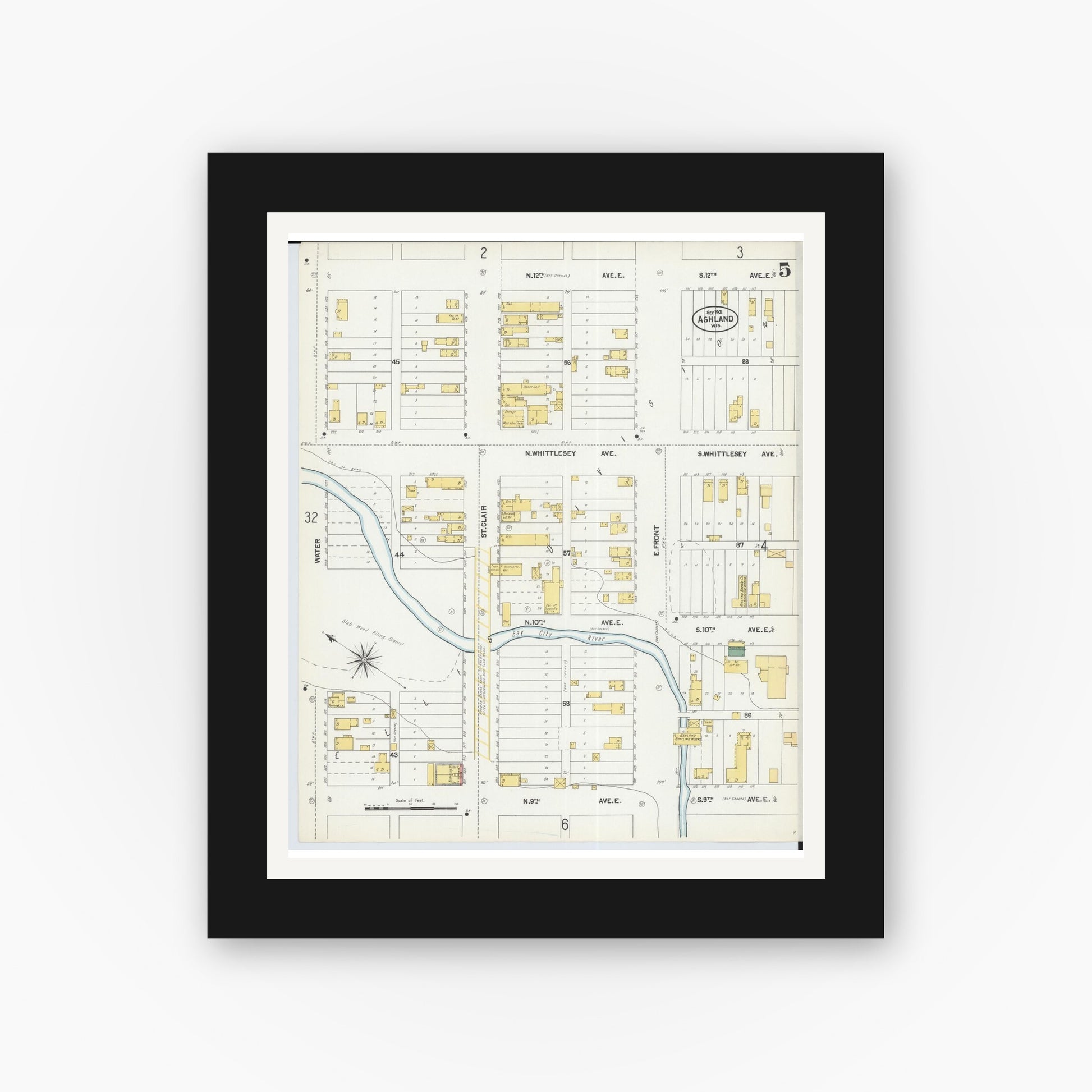 Old map wall art mockup — black gallery frame with white mat — Sanborn Fire Insurance Map from Ashland, Ashland County, Wisconsin (1901), Sheet #0005