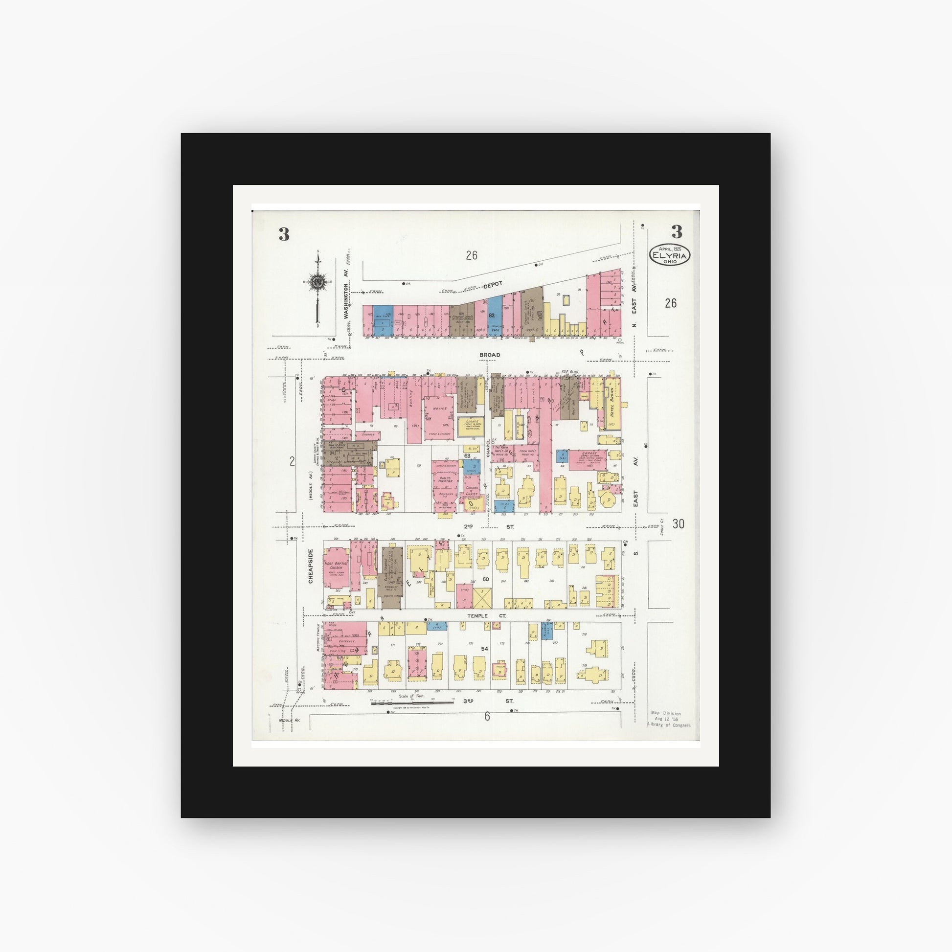 Old map wall art mockup — black gallery frame with white mat — Sanborn Fire Insurance Map from Elyria, Lorain County, Ohio (1925), Sheet #0003