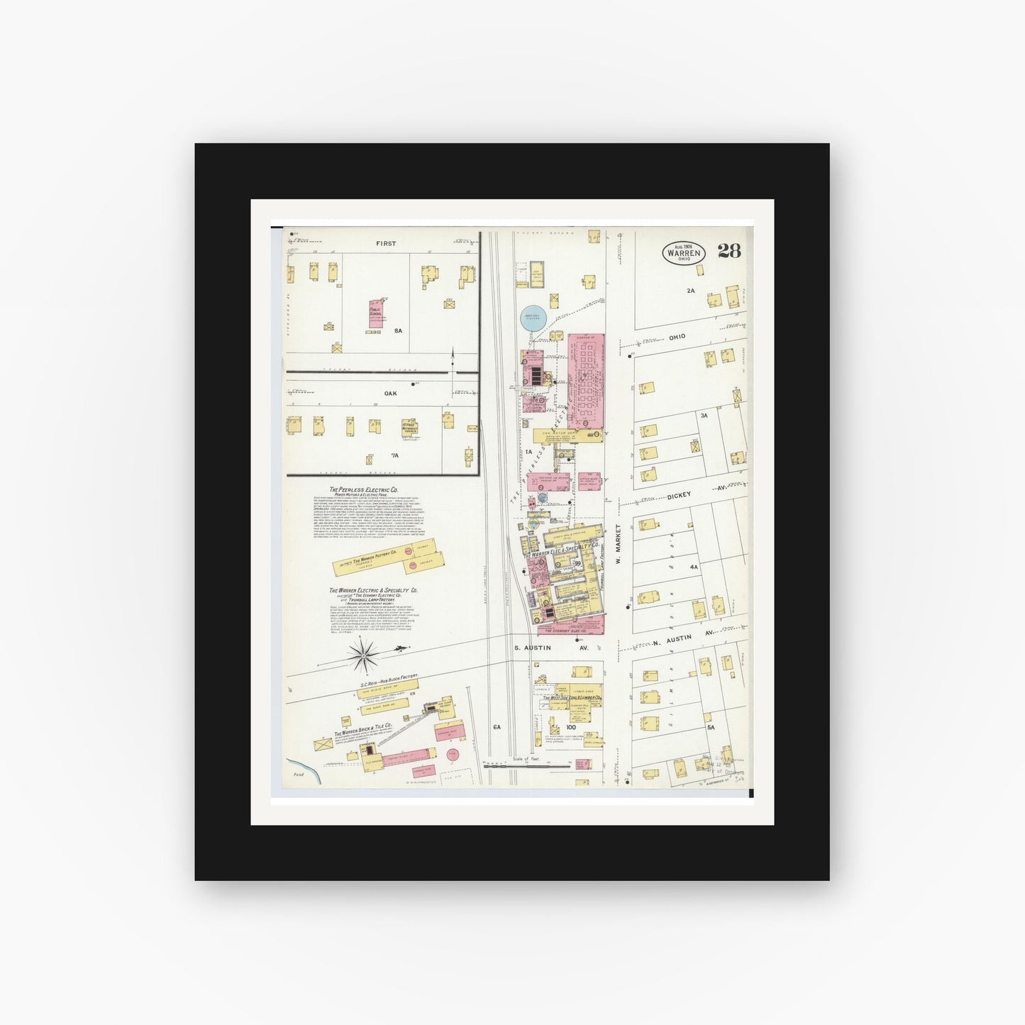 Old map wall art mockup — black gallery frame with white mat — Sanborn Fire Insurance Map from Warren, Trumbull County, Ohio (1908), Sheet #0028