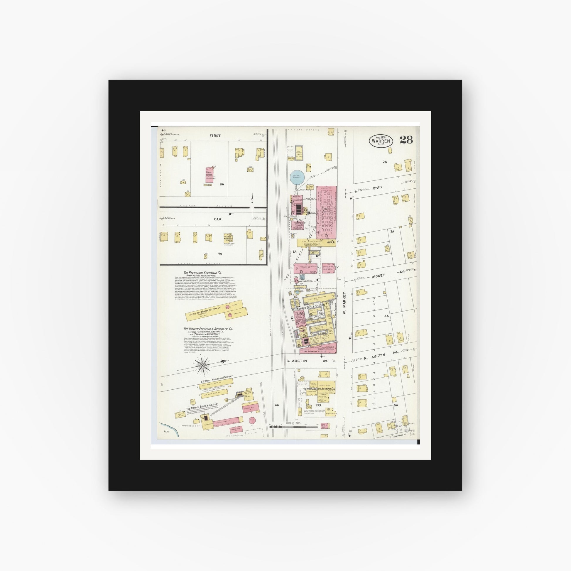 Old map wall art mockup — black gallery frame with white mat — Sanborn Fire Insurance Map from Warren, Trumbull County, Ohio (1908), Sheet #0028