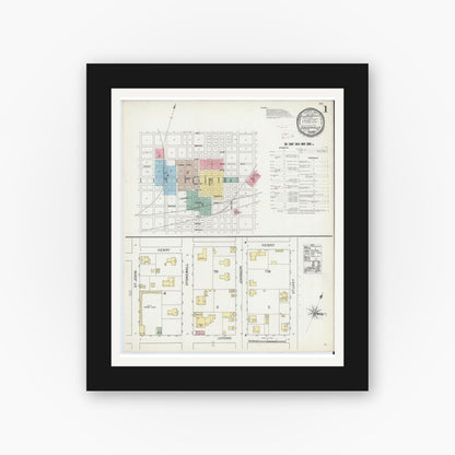 Old map wall art mockup — black gallery frame with white mat — Sanborn Fire Insurance Map from Greenville, Hunt County, Texas (1893), Sheet #0001