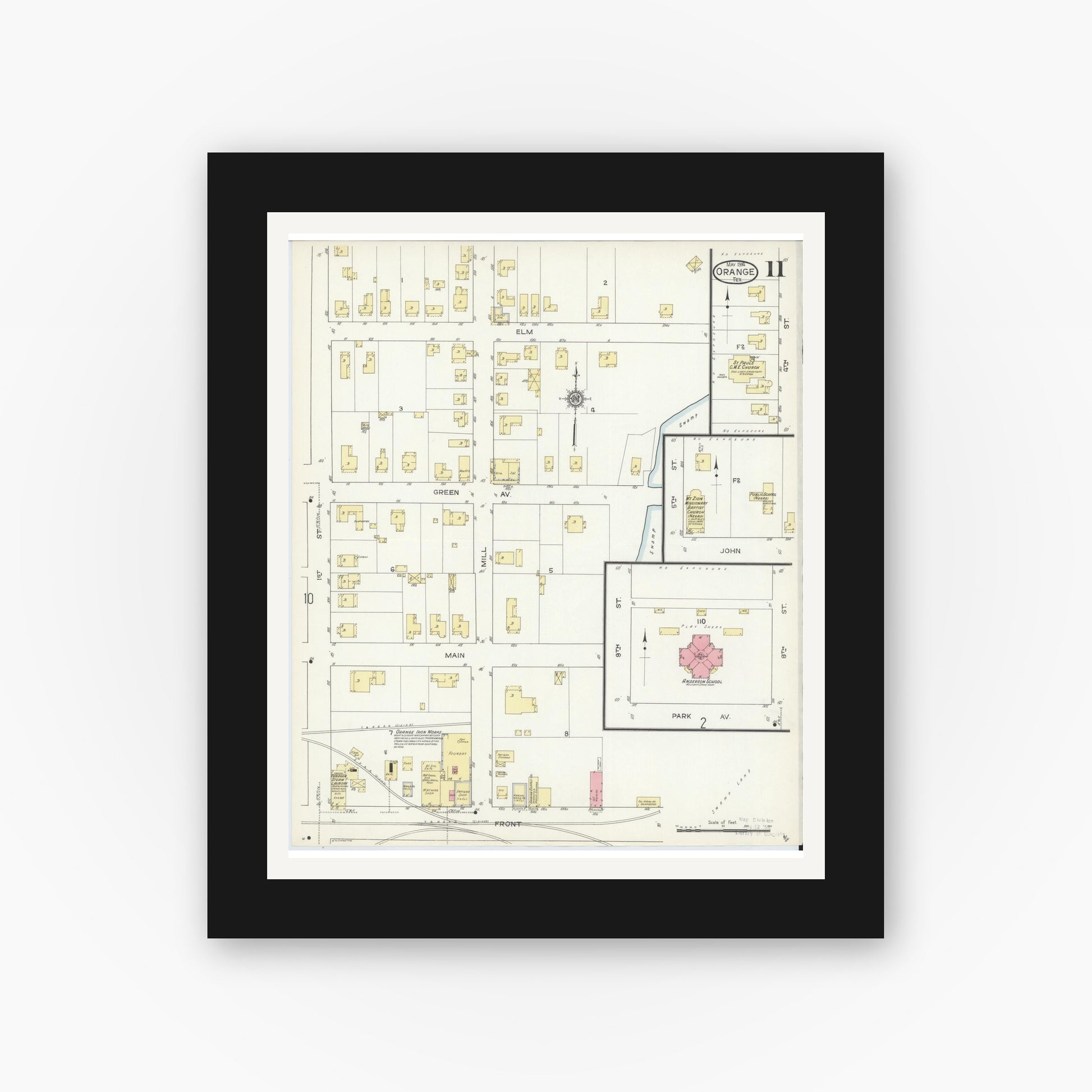 Old map wall art mockup — black gallery frame with white mat — Sanborn Fire Insurance Map from Orange, Orange County, Texas (1914), Sheet #0011