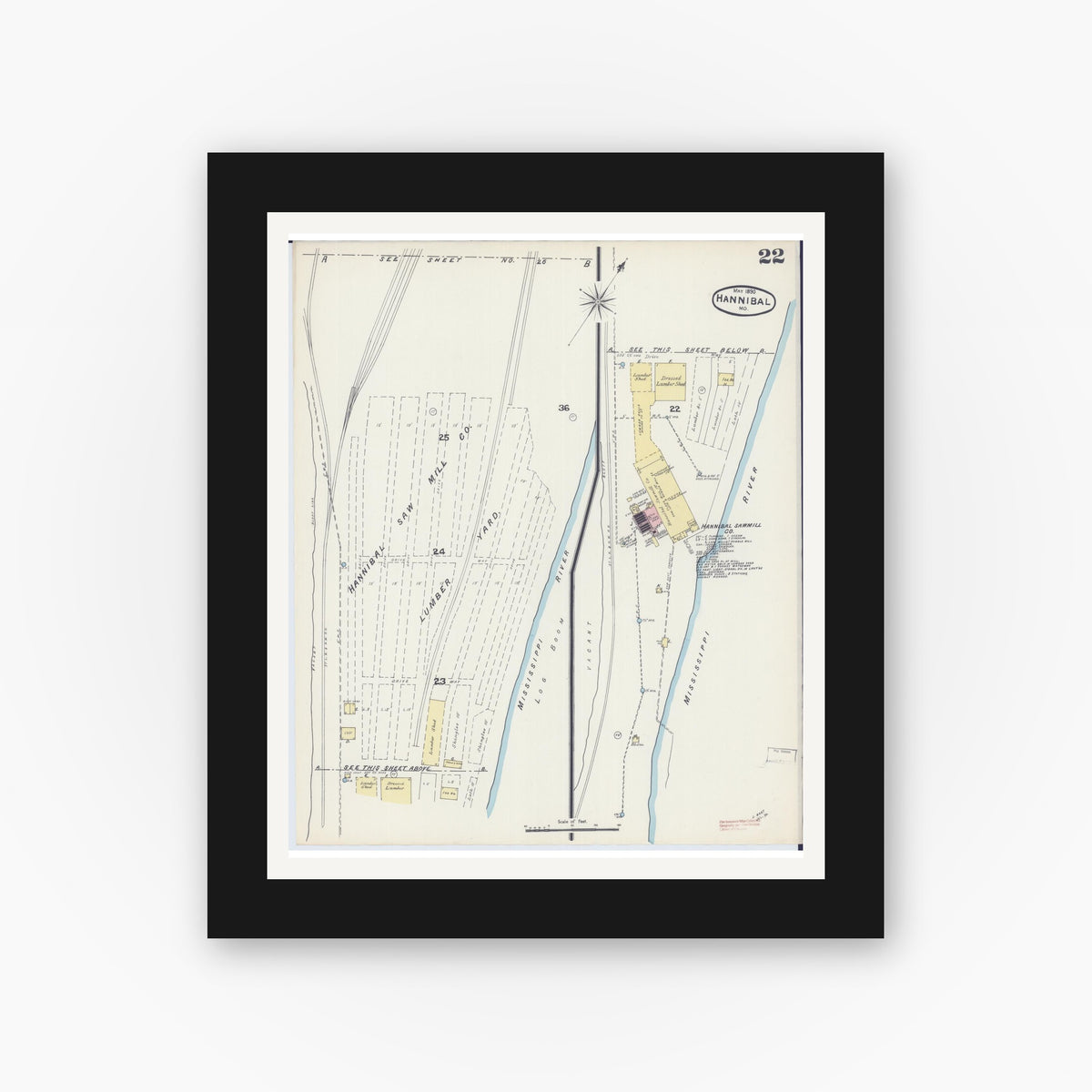 Old map wall art mockup — black gallery frame with white mat — Sanborn Fire Insurance Map from Hannibal, Marion County, Missouri (1890), Sheet #0022