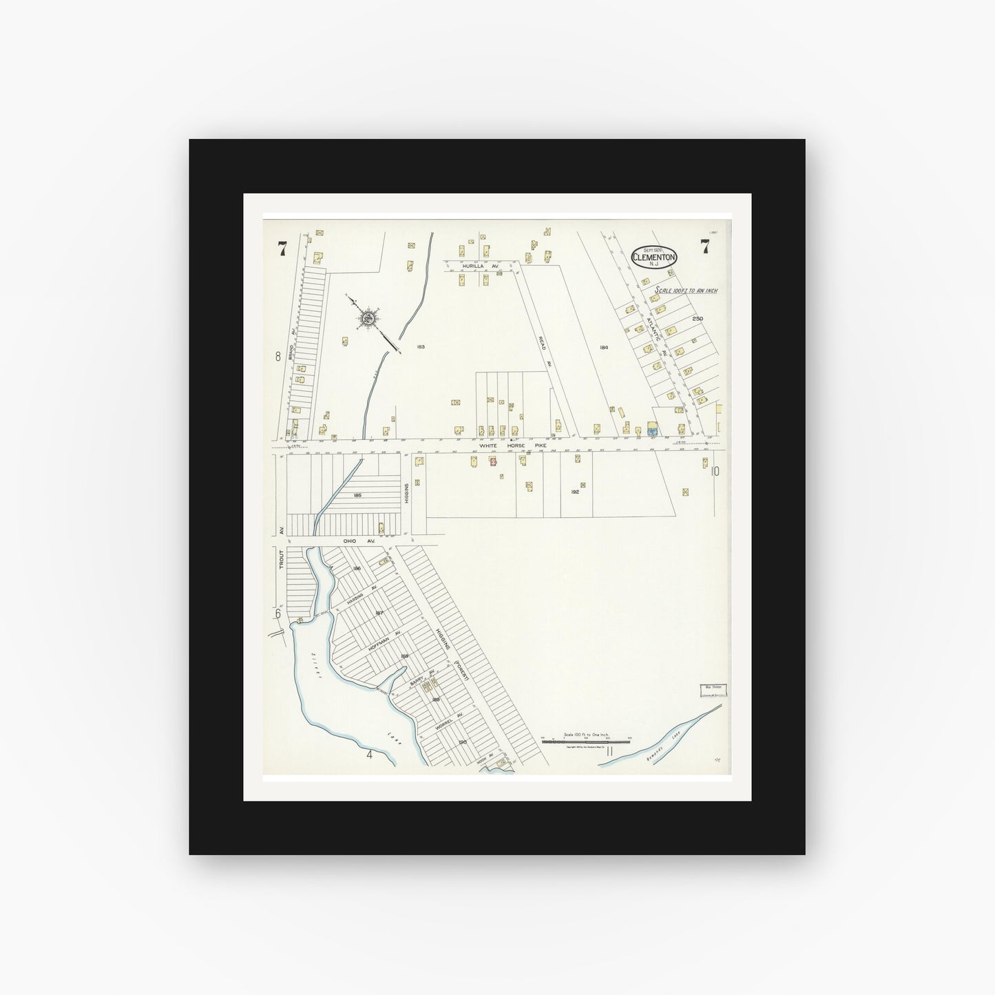 Old map wall art mockup — black gallery frame with white mat — Sanborn Fire Insurance Map from Clementon, Camden County, New Jersey (1924), Sheet #0007