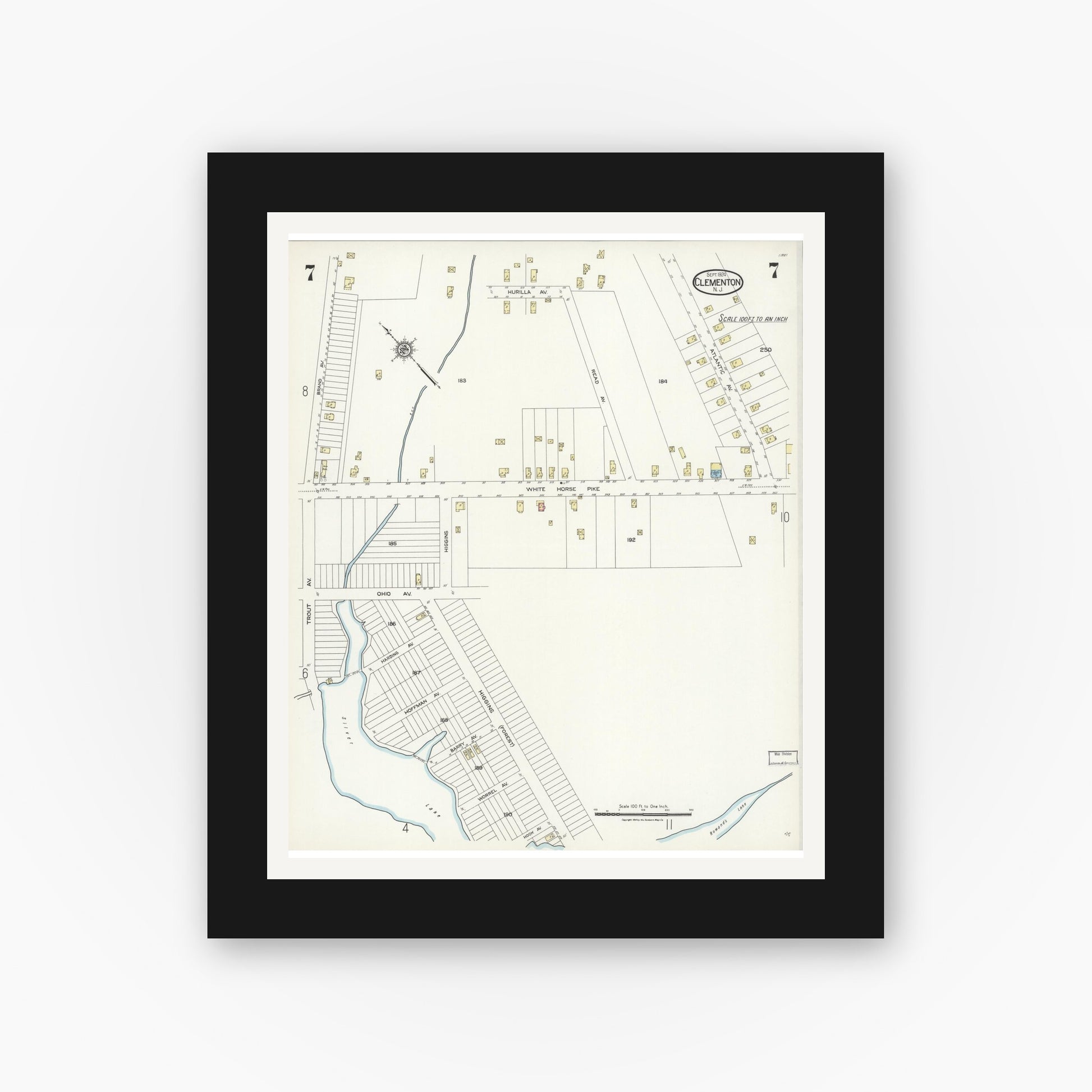 Old map wall art mockup — black gallery frame with white mat — Sanborn Fire Insurance Map from Clementon, Camden County, New Jersey (1924), Sheet #0007