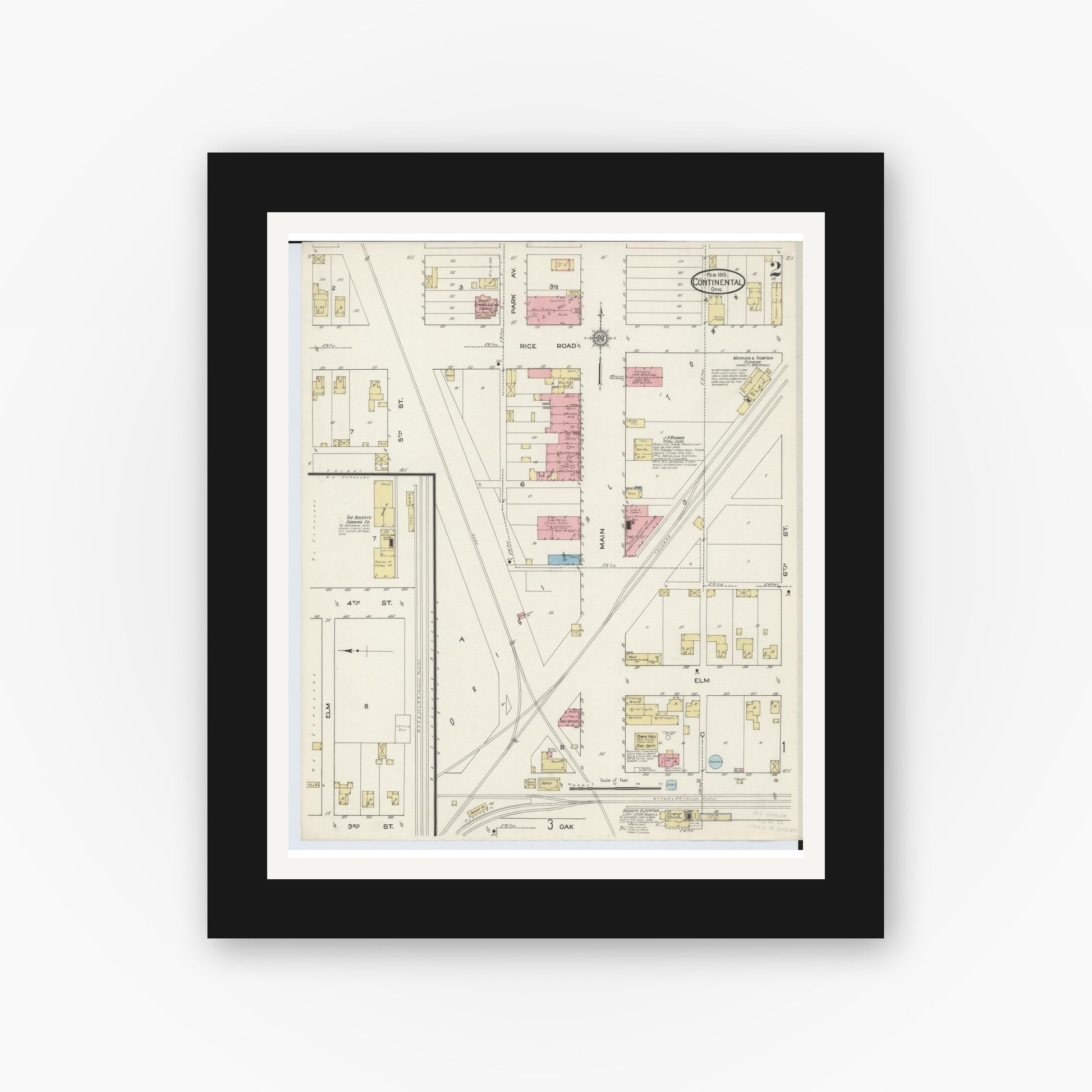 Old map wall art mockup — black gallery frame with white mat — Sanborn Fire Insurance Map from Continental, Putnam County, Ohio (1915), Sheet #0002