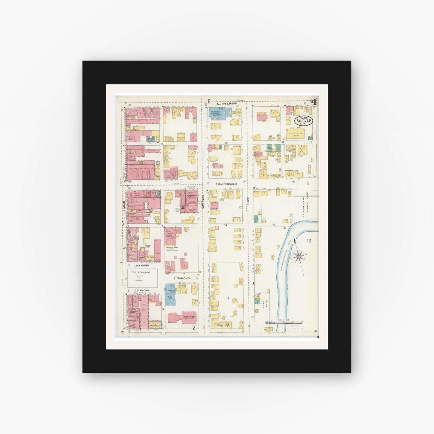 Old map wall art mockup — black gallery frame with white mat — Sanborn Fire Insurance Map from Butler, Butler County, Pennsylvania (1906), Sheet #0004