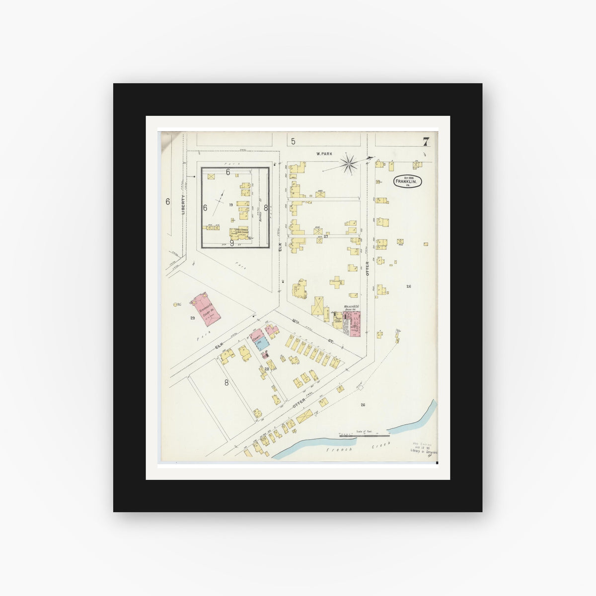 Old map wall art mockup — black gallery frame with white mat — Sanborn Fire Insurance Map from Franklin, Venango County, Pennsylvania (1896), Sheet #0007