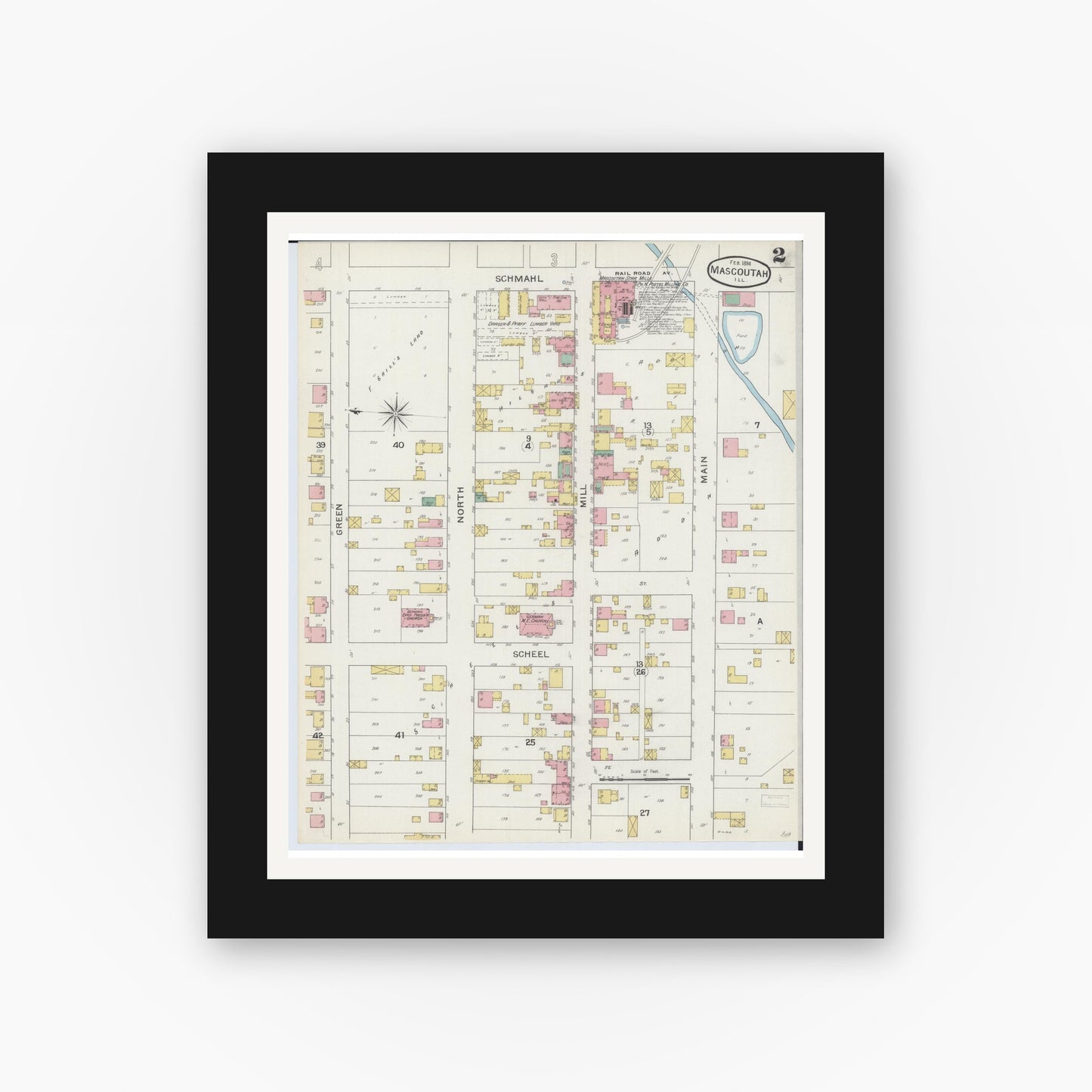 Old map wall art mockup — black gallery frame with white mat — Sanborn Fire Insurance Map from Mascoutah, Saint Clair County, Illinois (1894), Sheet #0002