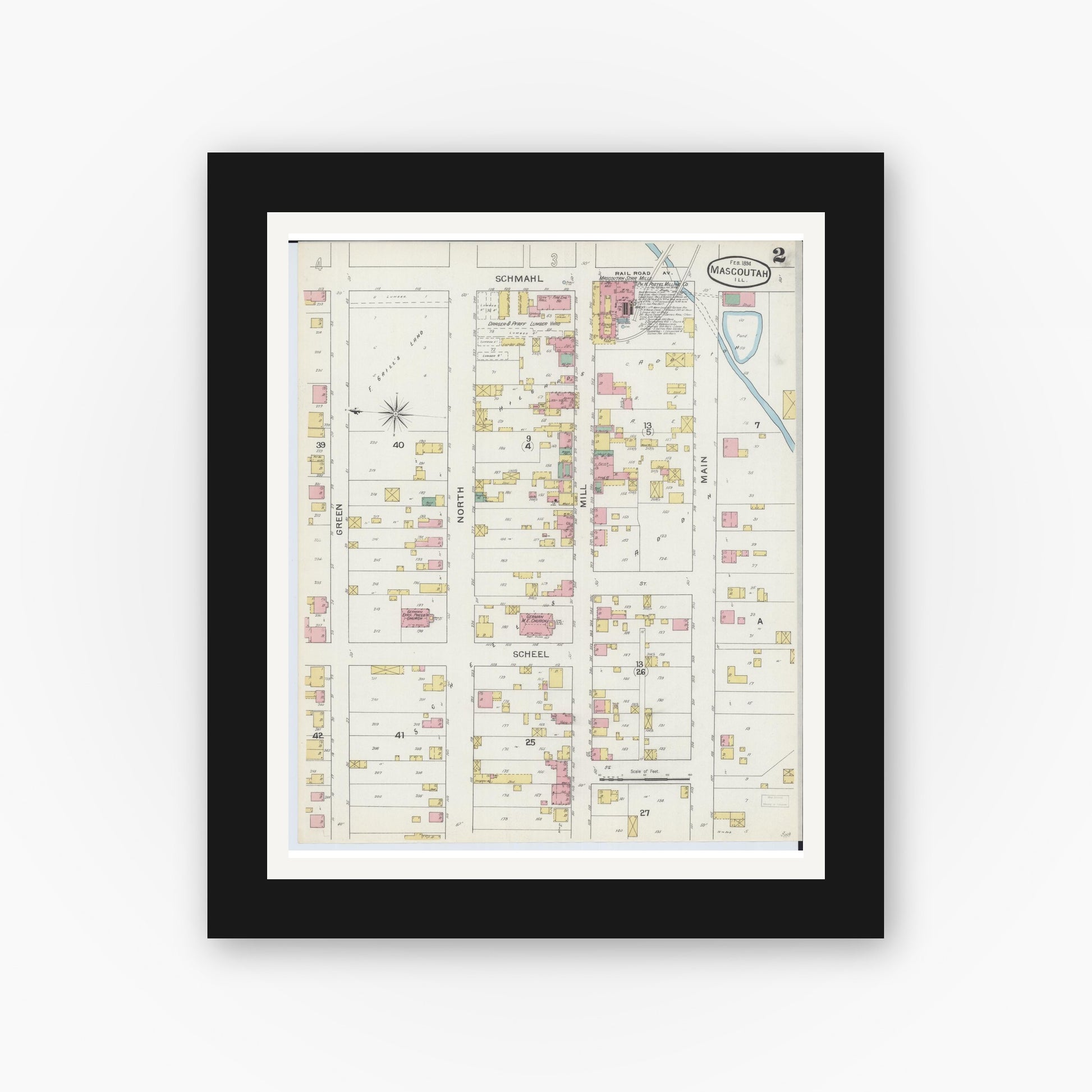 Old map wall art mockup — black gallery frame with white mat — Sanborn Fire Insurance Map from Mascoutah, Saint Clair County, Illinois (1894), Sheet #0002