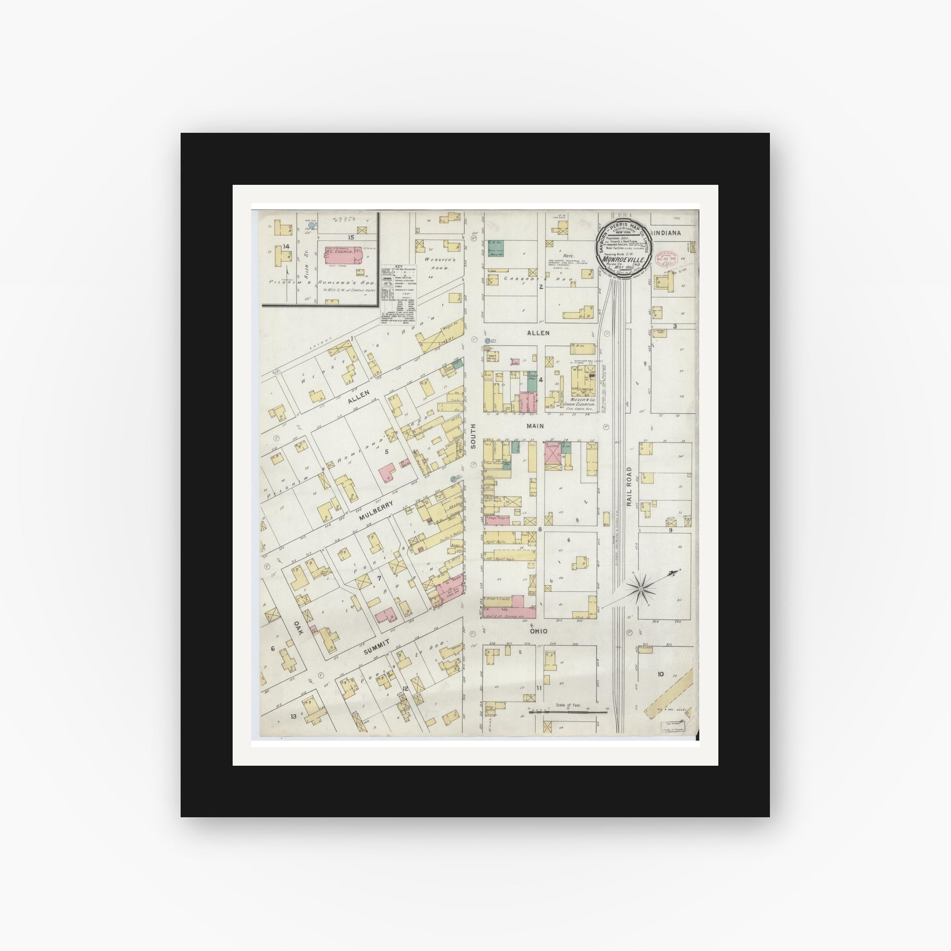 Old map wall art mockup — black gallery frame with white mat — Sanborn Fire Insurance Map from Monroeville, Allen County, Indiana (1895), Sheet #0001