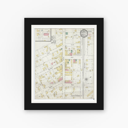 Old map wall art mockup — black gallery frame with white mat — Sanborn Fire Insurance Map from Monroeville, Allen County, Indiana (1895), Sheet #0001
