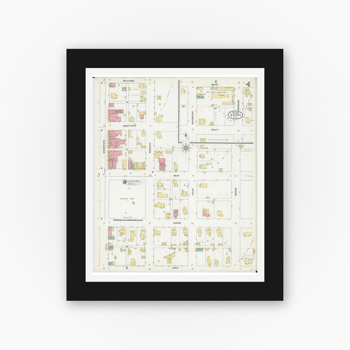 Old map wall art mockup — black gallery frame with white mat — Sanborn Fire Insurance Map from Barry, Pike County, Illinois (1905), Sheet #0004