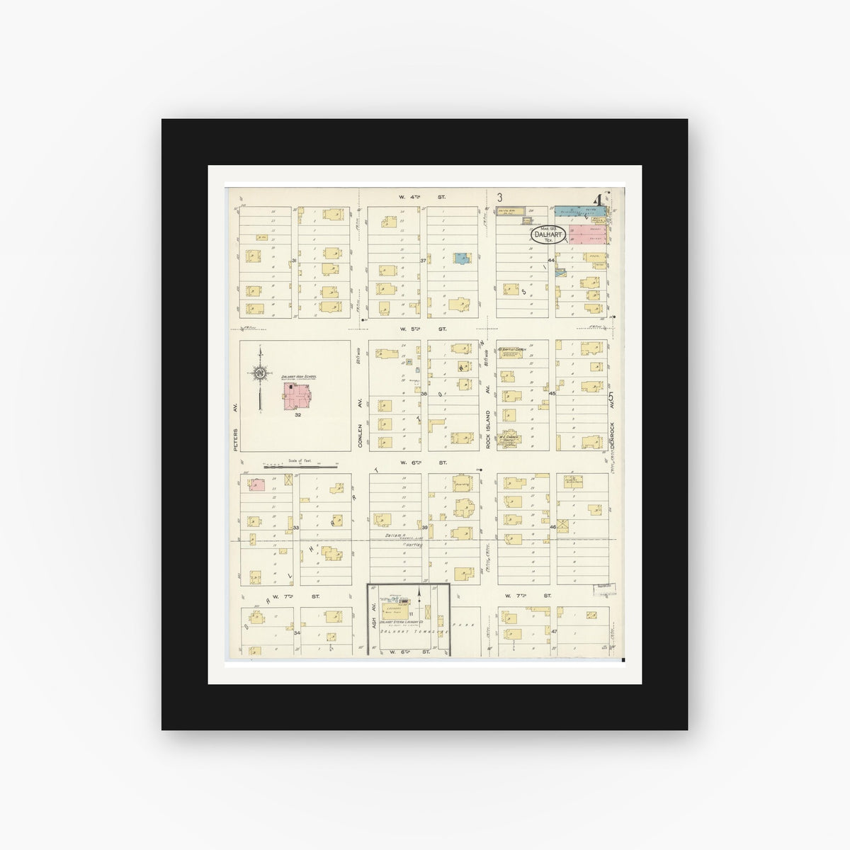 Old map wall art mockup — black gallery frame with white mat — Sanborn Fire Insurance Map from Dalhart, Dallam And Hartley County, Texas (1913), Sheet #0004