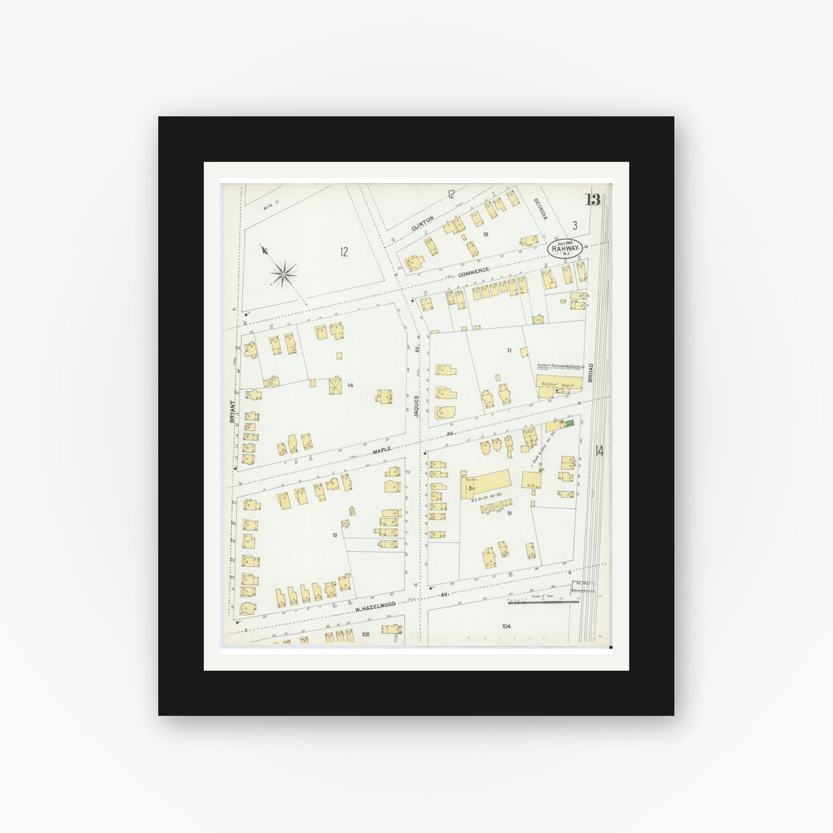 Old map wall art mockup — black gallery frame with white mat — Sanborn Fire Insurance Map from Rahway, Union County, New Jersey (1901), Sheet #0013