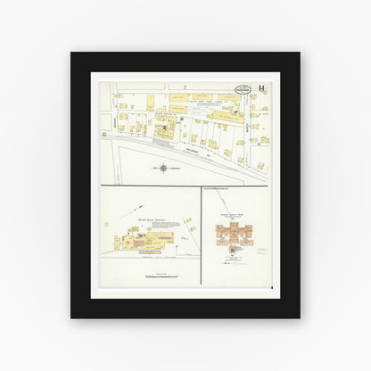 Old map wall art mockup — black gallery frame with white mat — Sanborn Fire Insurance Map from Indiana, Indiana County, Pennsylvania (1910), Sheet #0014