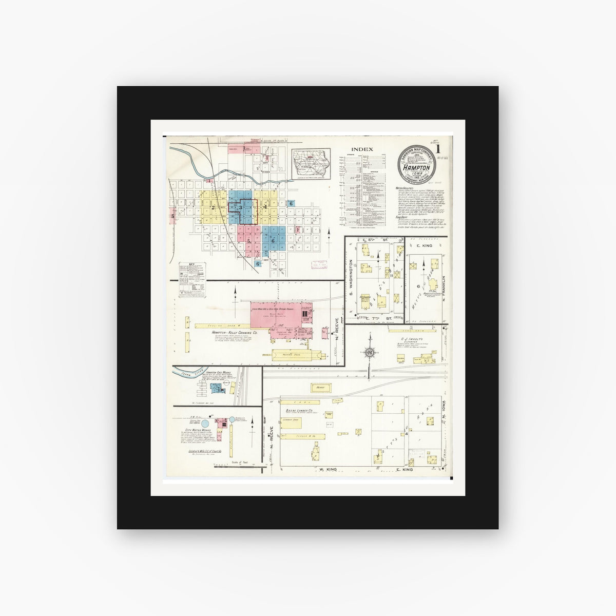 Old map wall art mockup — black gallery frame with white mat — Sanborn Fire Insurance Map from Hampton, Franklin County, Iowa (1913) â€” Complete Set