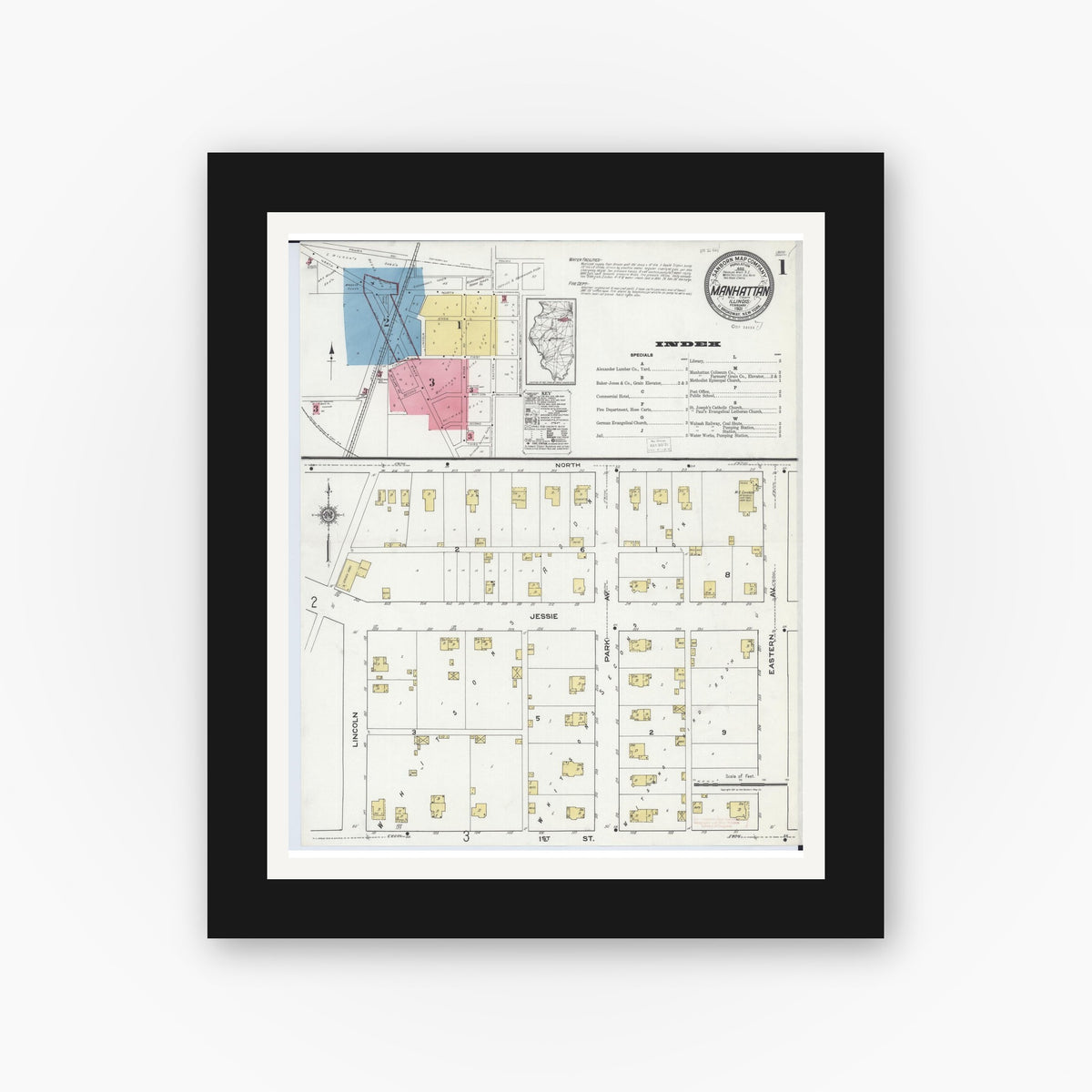 Old map wall art mockup — black gallery frame with white mat — Sanborn Fire Insurance Map from Manhattan, Will County, Illinois (1921) - Complete Map Set