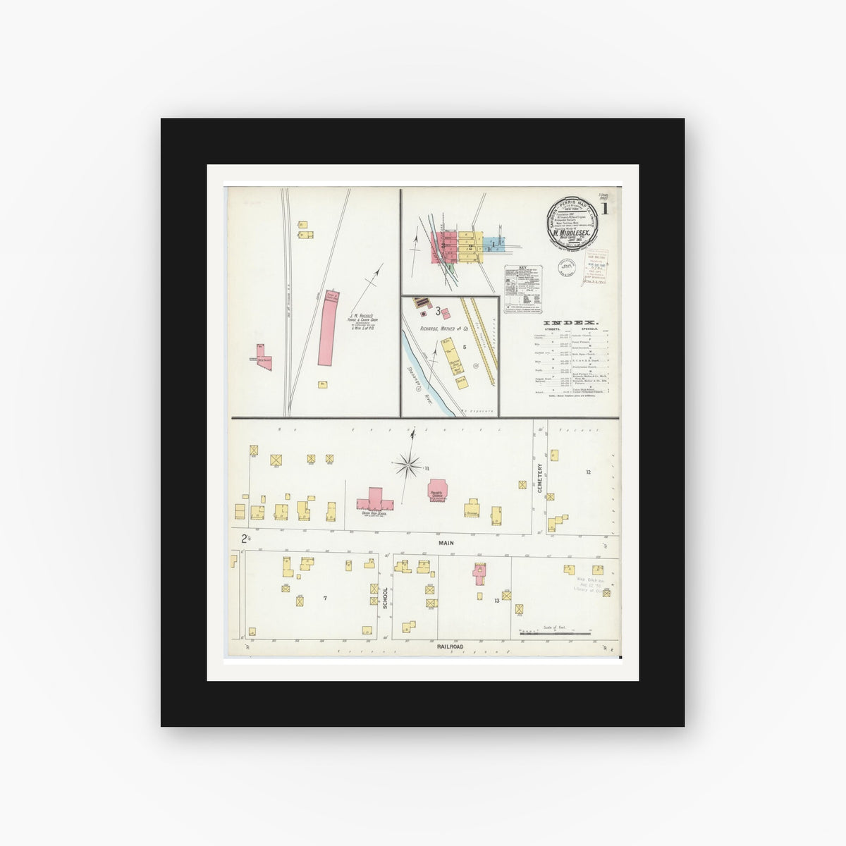 Old map wall art mockup — black gallery frame with white mat — Sanborn Fire Insurance Map from West Middlesex, Mercer County, Pennsylvania (1900), Sheet #0001
