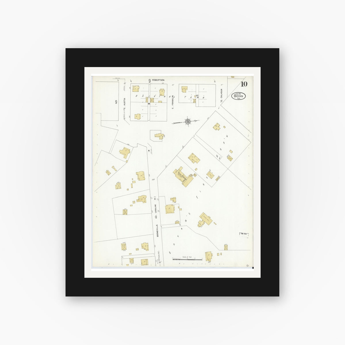 Old map wall art mockup — black gallery frame with white mat — Sanborn Fire Insurance Map from Bryan, Brazos County, Texas (1912), Sheet #0010