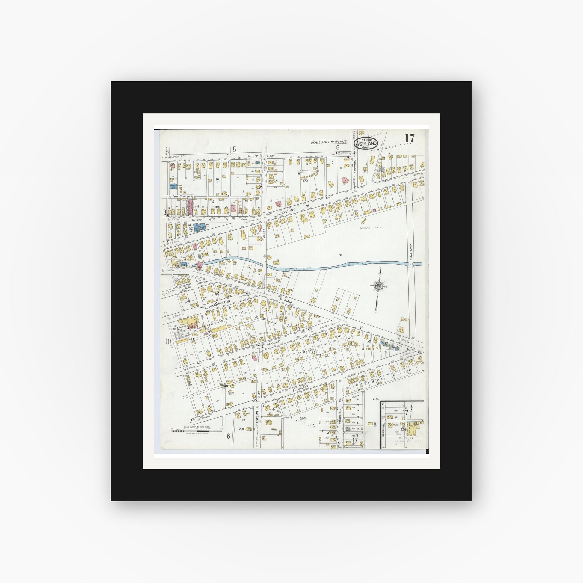 Old map wall art mockup — black gallery frame with white mat — Sanborn Fire Insurance Map from Ashland, Ashland County, Ohio (1919), Sheet #0017