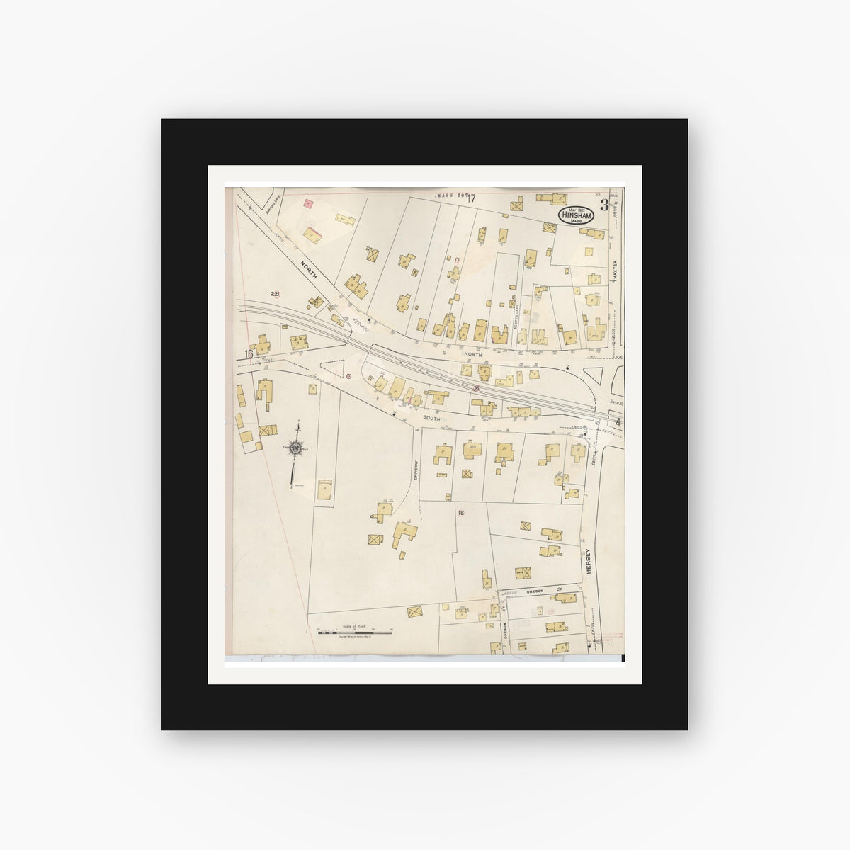 Old map wall art mockup — black gallery frame with white mat — Sanborn Fire Insurance Map from Hingham, Plymouth County, Massachusetts (1948), Sheet #0003
