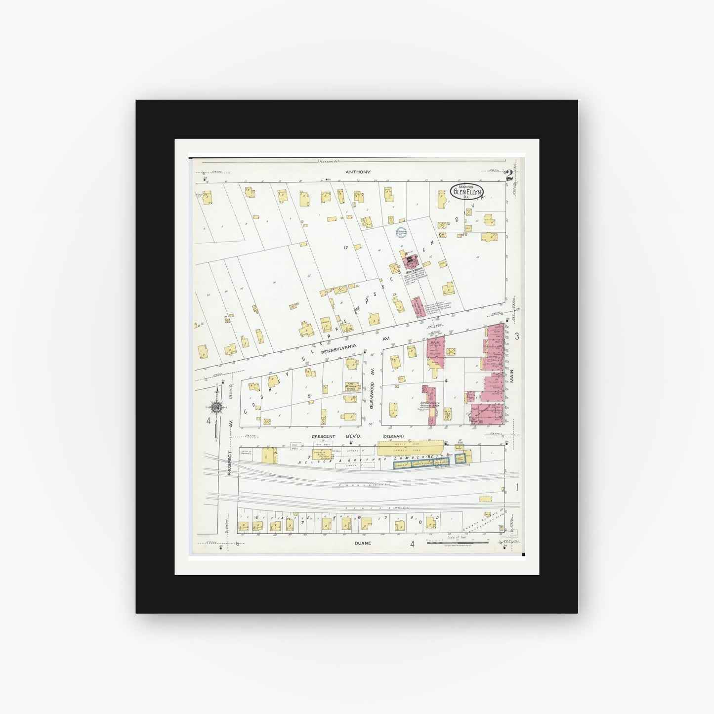 Old map wall art mockup — black gallery frame with white mat — Sanborn Fire Insurance Map from Glen Ellyn, Du Page County, Illinois (1919), Sheet #0002