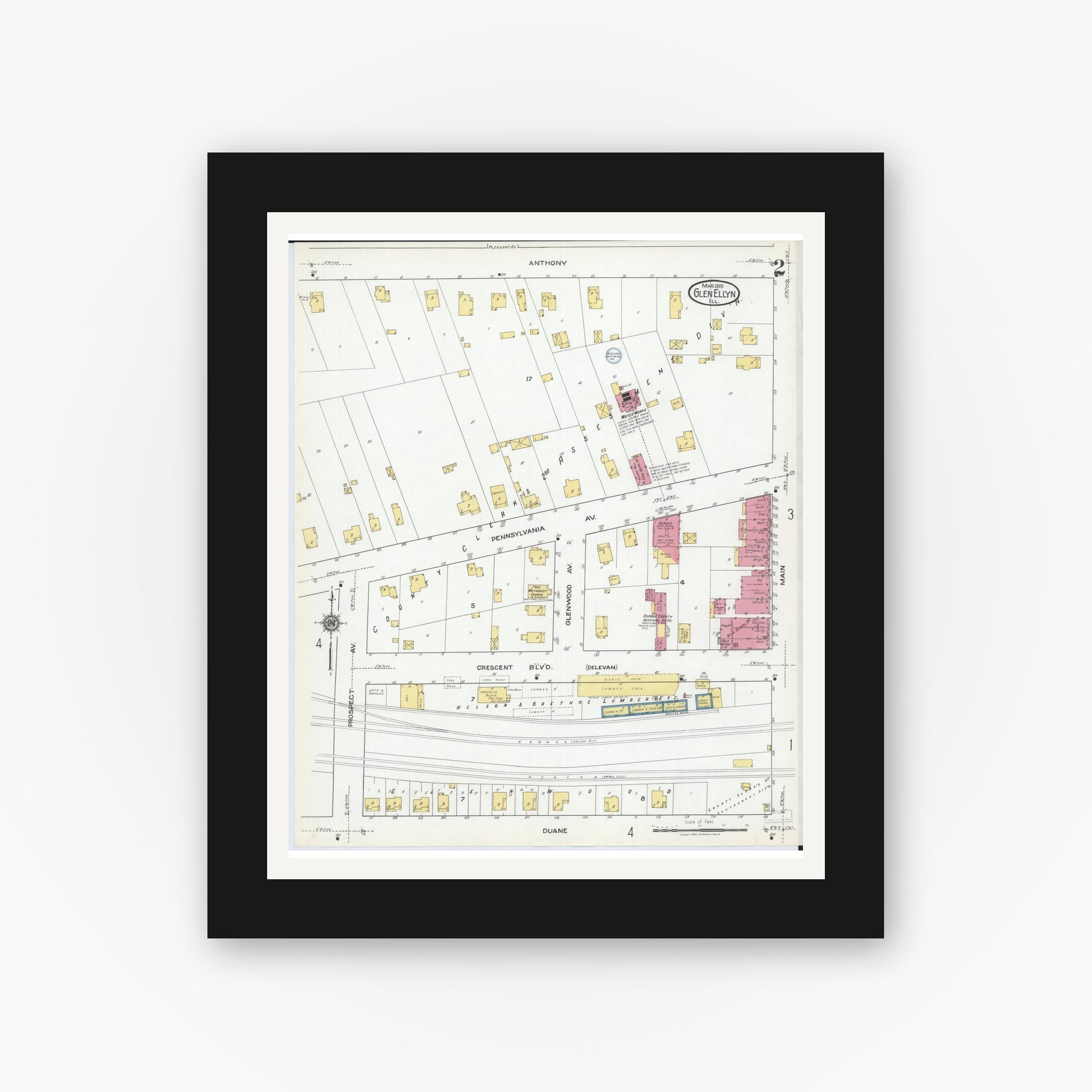 Old map wall art mockup — black gallery frame with white mat — Sanborn Fire Insurance Map from Glen Ellyn, Du Page County, Illinois (1919), Sheet #0002