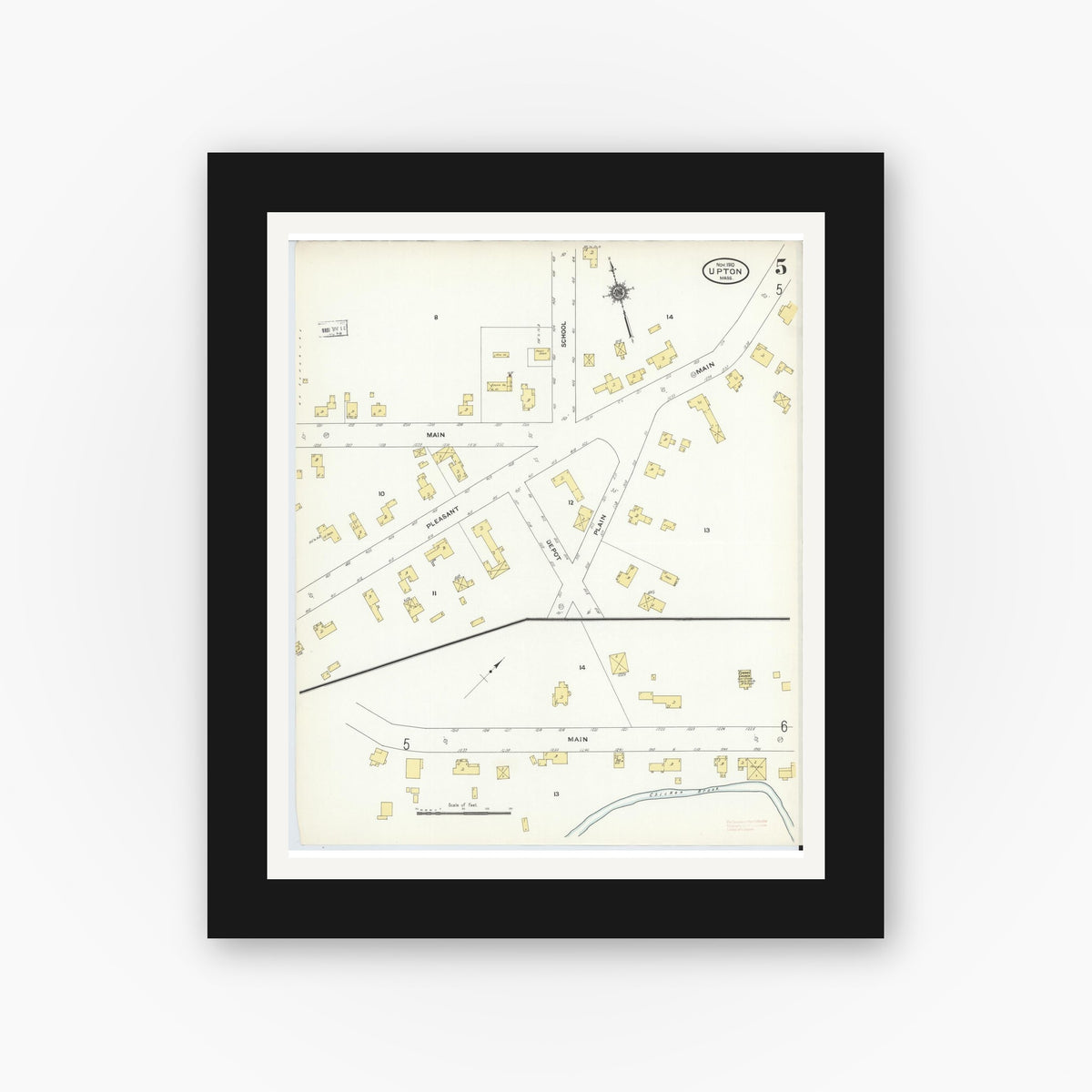 Old map wall art mockup — black gallery frame with white mat — Sanborn Fire Insurance Map from Upton, Worcester County, Massachusetts (1910), Sheet #0005