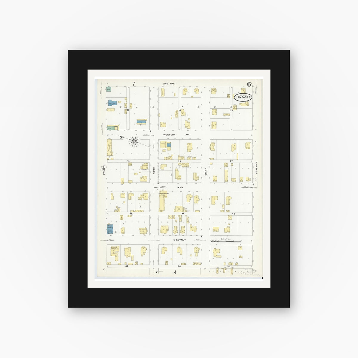 Old map wall art mockup — black gallery frame with white mat — Sanborn Fire Insurance Map from Lampasas, Lampasas County, Texas (1907), Sheet #0006