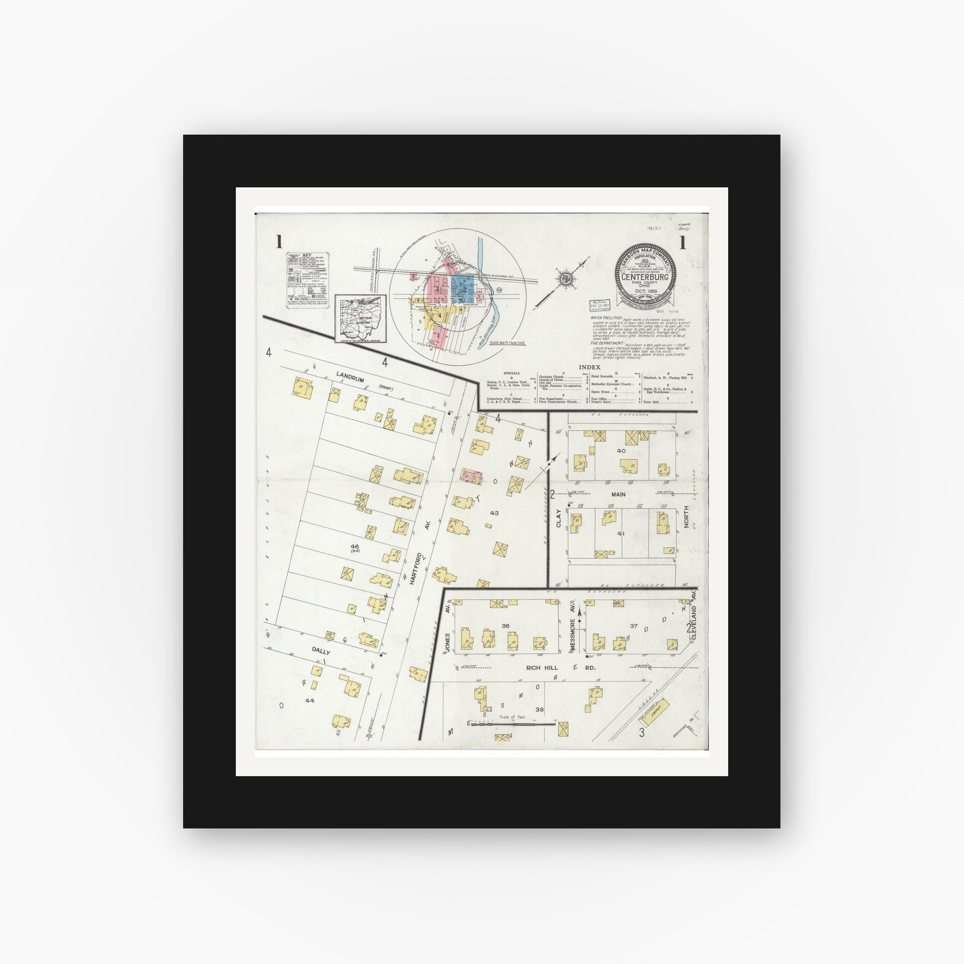 Old map wall art mockup — black gallery frame with white mat — Sanborn Fire Insurance Map from Centerburg, Knox County, Ohio (1926), Sheet #0001