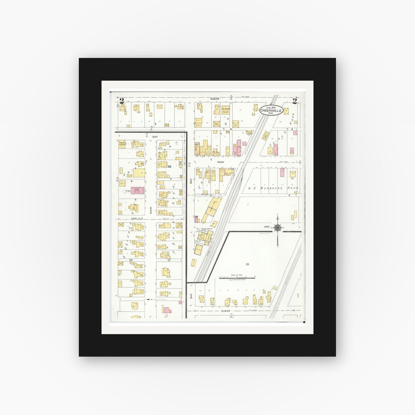 Old map wall art mockup — black gallery frame with white mat — Sanborn Fire Insurance Map from Cridersville, Auglaize County, Ohio (1923), Sheet #0002
