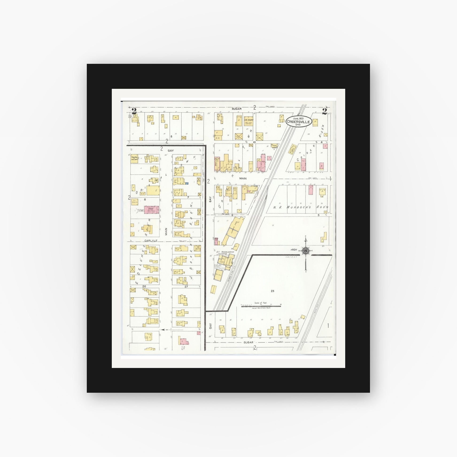 Old map wall art mockup — black gallery frame with white mat — Sanborn Fire Insurance Map from Cridersville, Auglaize County, Ohio (1923), Sheet #0002