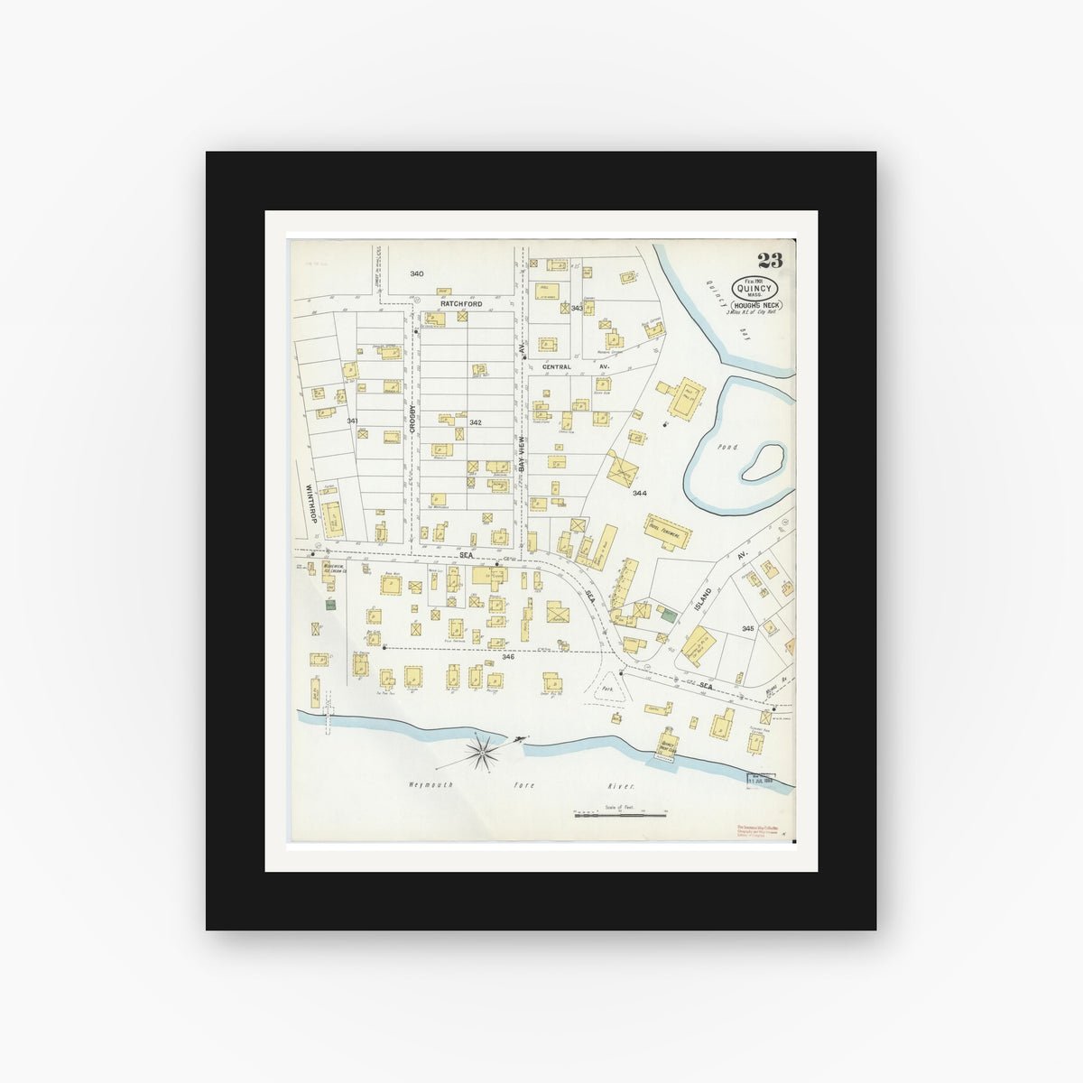 Old map wall art mockup — black gallery frame with white mat — Sanborn Fire Insurance Map from Quincy, Norfolk County, Massachusetts (1901), Sheet #0023