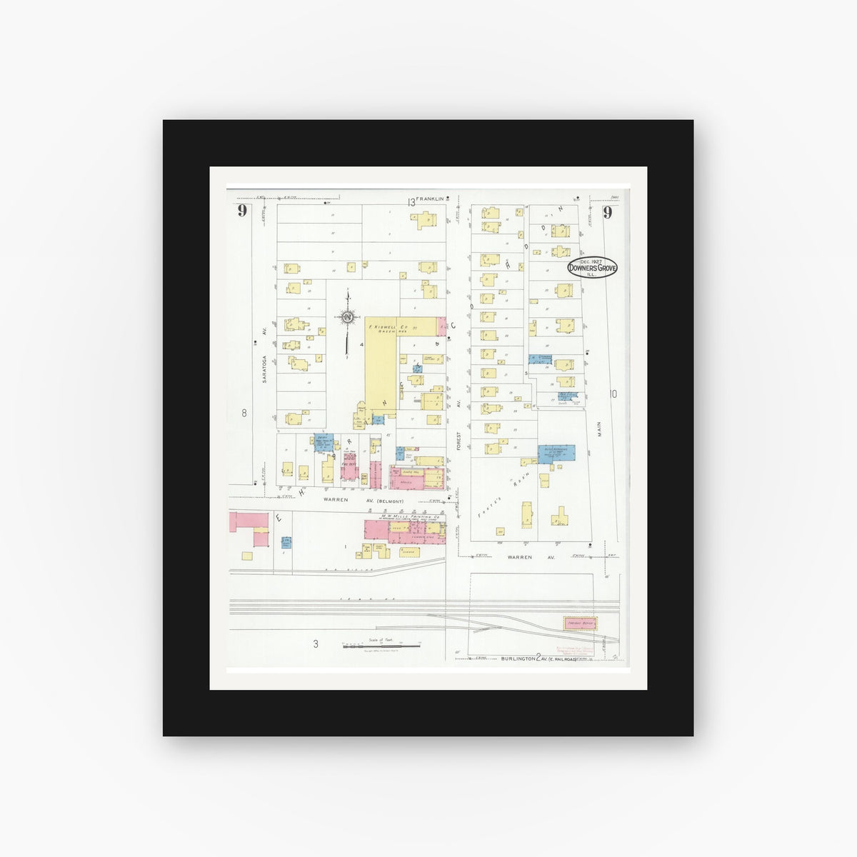 Old map wall art mockup — black gallery frame with white mat — Sanborn Fire Insurance Map from Downers Grove, Dupage County, Illinois (1927), Sheet #0009