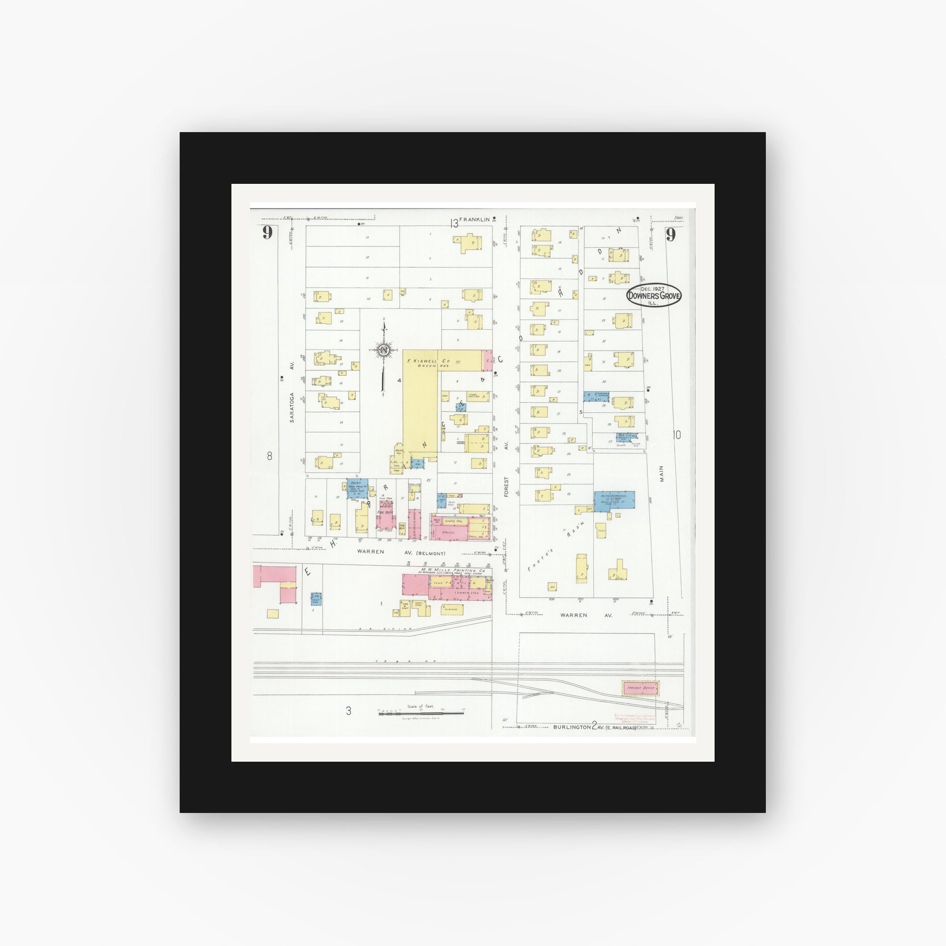 Old map wall art mockup — black gallery frame with white mat — Sanborn Fire Insurance Map from Downers Grove, Dupage County, Illinois (1927), Sheet #0009