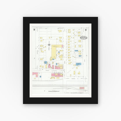 Old map wall art mockup — black gallery frame with white mat — Sanborn Fire Insurance Map from Downers Grove, Dupage County, Illinois (1927), Sheet #0009