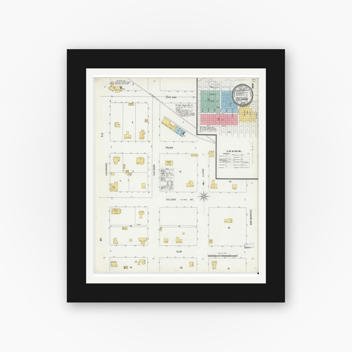 Old map wall art mockup — black gallery frame with white mat — Sanborn Fire Insurance Map from Coleman, Coleman County, Texas (1898), Sheet #0001