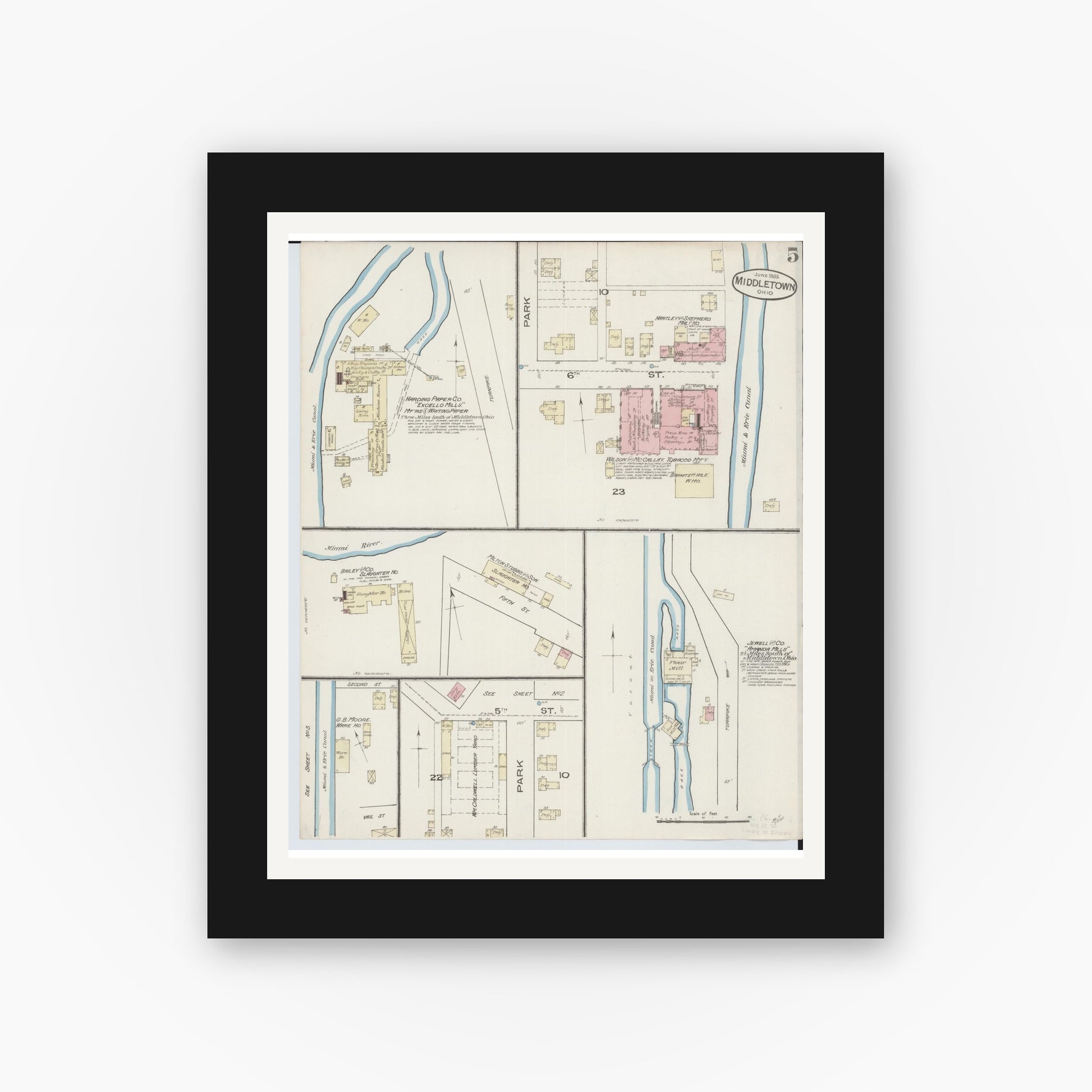 Old map wall art mockup — black gallery frame with white mat — Sanborn Fire Insurance Map from Middletown, Butler County, Ohio (1885), Sheet #0005