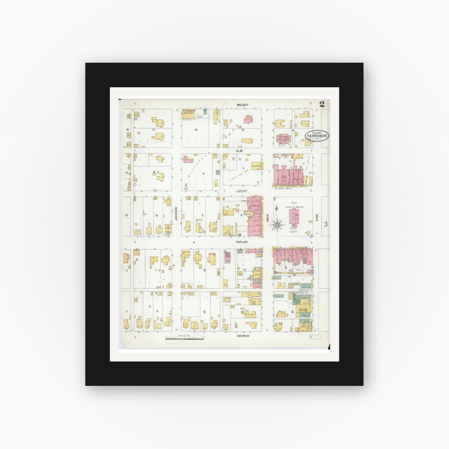 Old map wall art mockup — black gallery frame with white mat — Sanborn Fire Insurance Map from Harrisburg, Saline County, Illinois (1900), Sheet #0002
