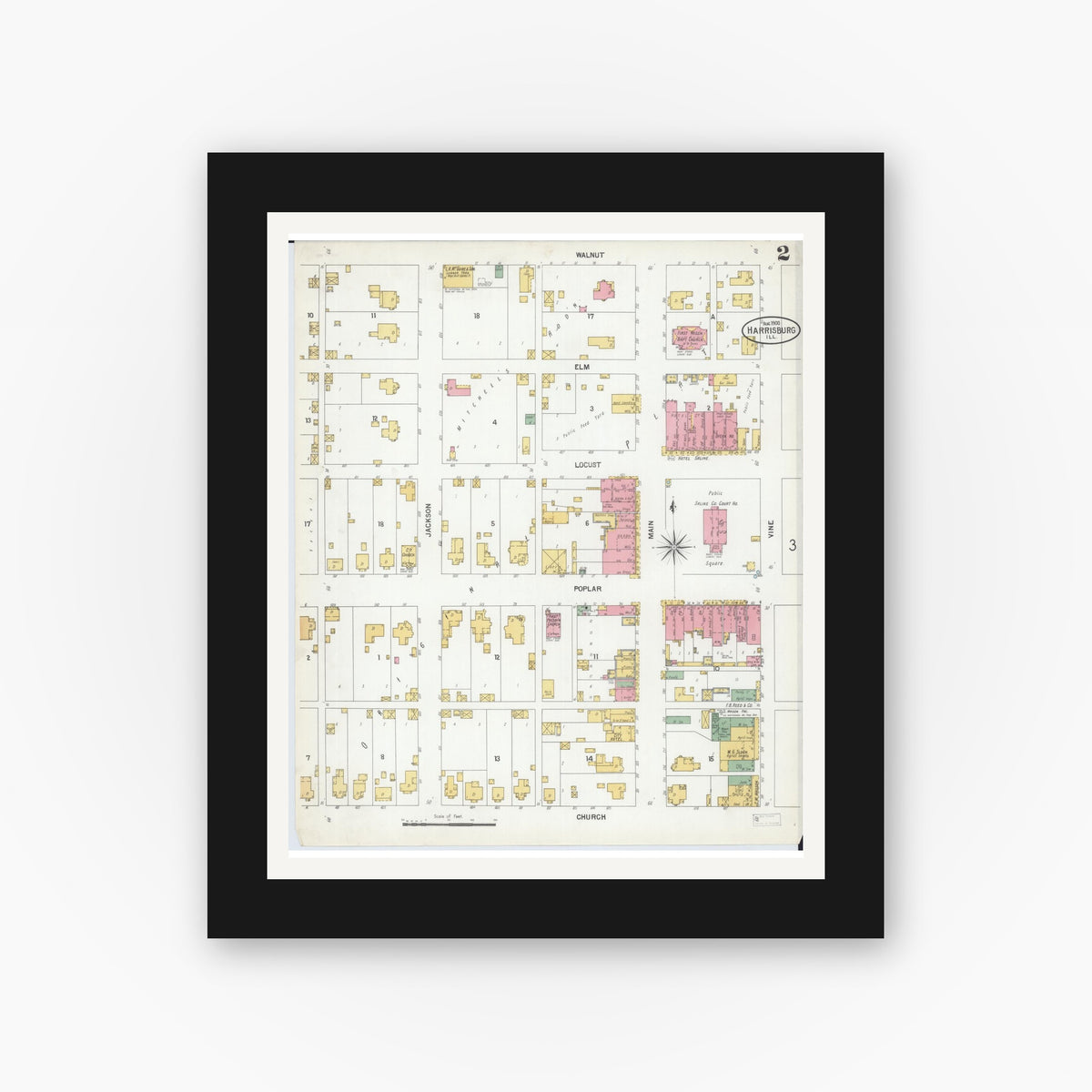 Old map wall art mockup — black gallery frame with white mat — Sanborn Fire Insurance Map from Harrisburg, Saline County, Illinois (1900), Sheet #0002