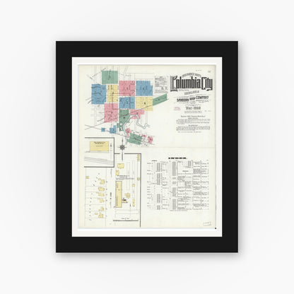 Old map wall art mockup — black gallery frame with white mat — Sanborn Fire Insurance Map from Columbia City, Whitley County, Indiana (1910) - Complete Map Set