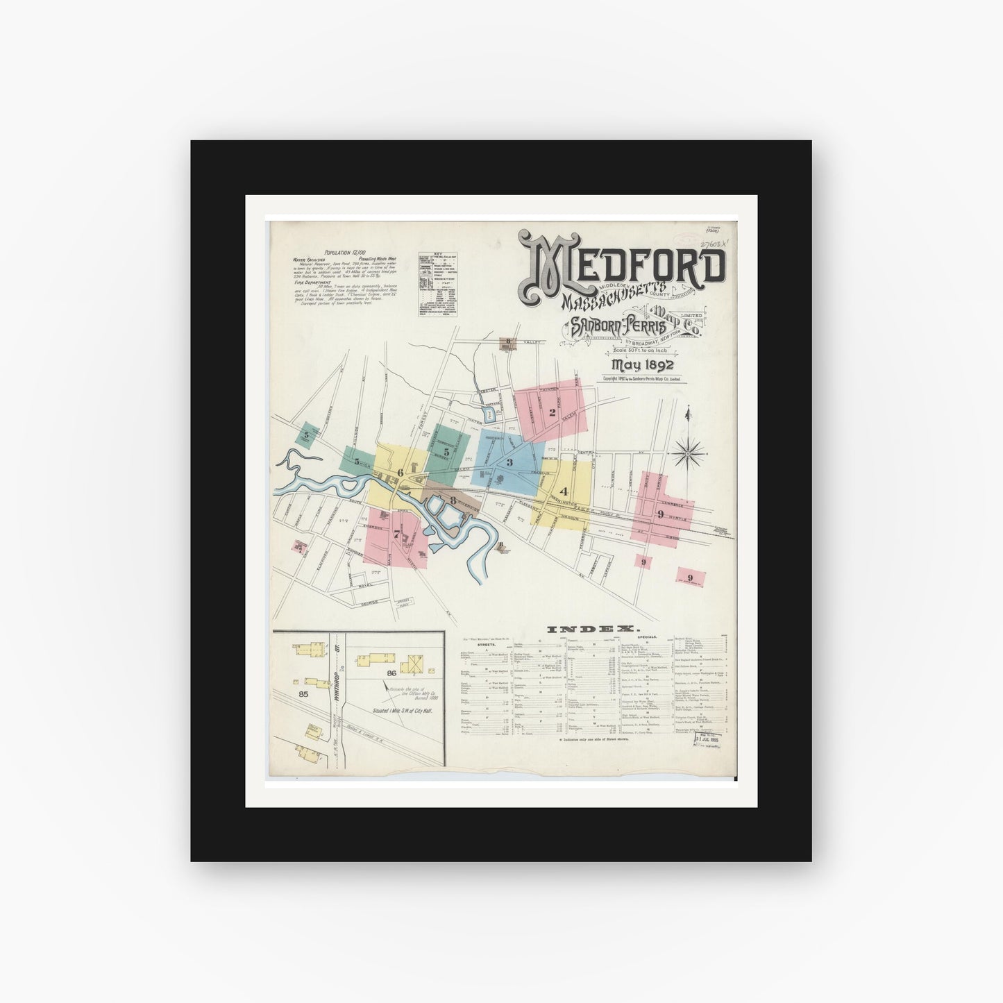 Old map wall art mockup — black gallery frame with white mat — Sanborn Fire Insurance Map from Medford, Middlesex County, Massachusetts (1892) - Complete Map Set